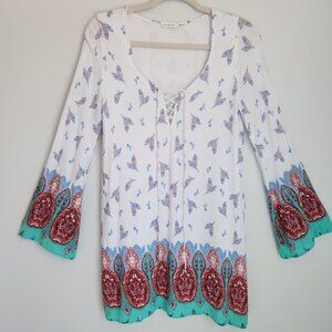 blu pepper Boutique Size M White Paisley Long Sleeve Boho Mini Tunic Dress Rayon